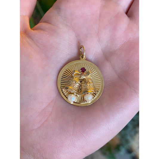 Vintage Solid 14k Yellow Gold Pink Sapphire Pearls Engine Turned Bells Charm