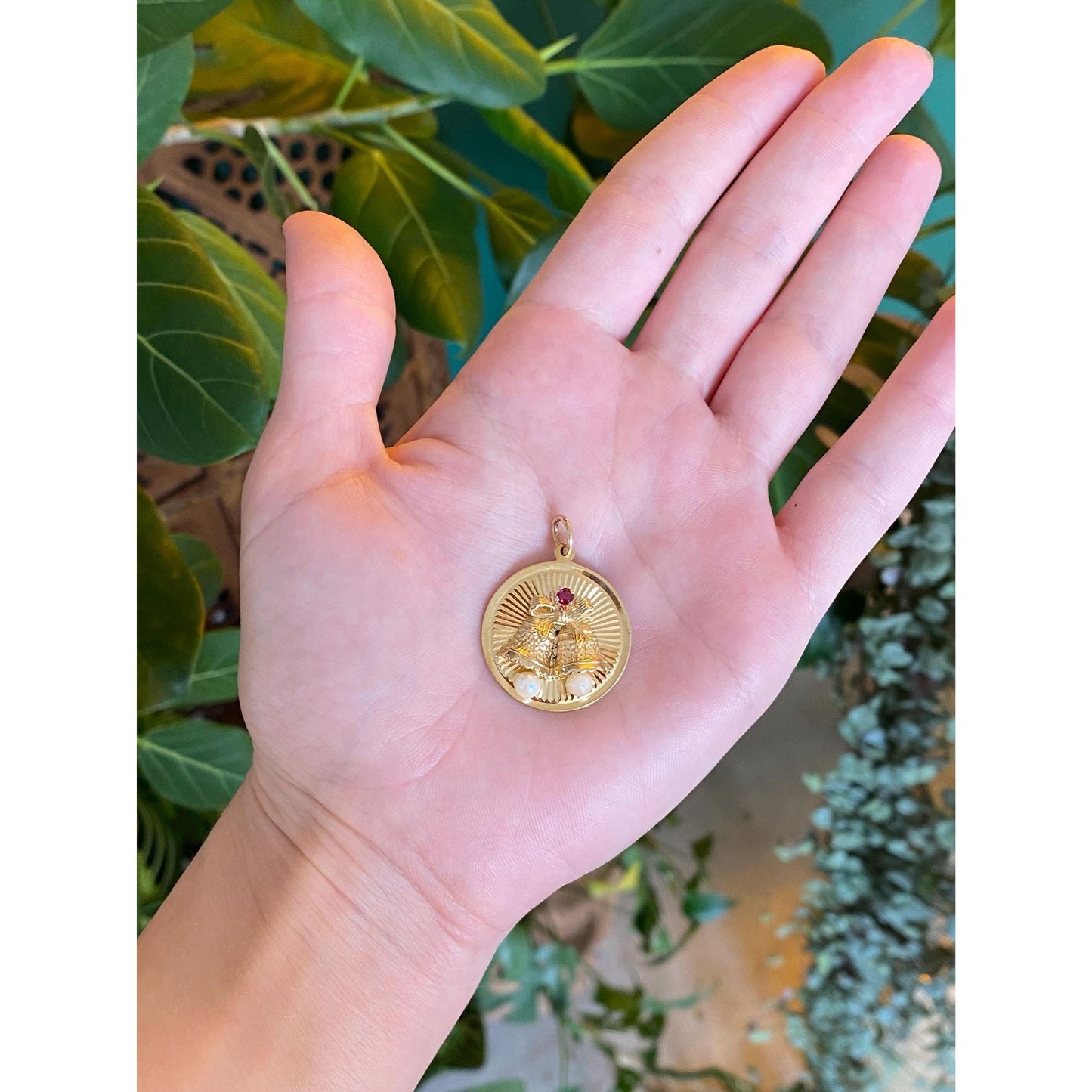 Vintage Solid 14k Yellow Gold Pink Sapphire Pearls Engine Turned Bells Charm