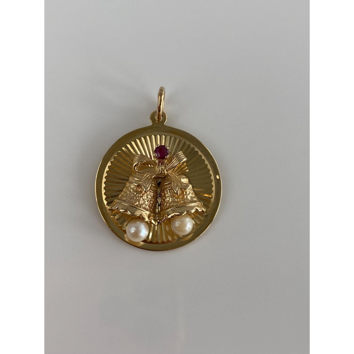 Vintage Solid 14k Yellow Gold Pink Sapphire Pearls Engine Turned Bells Charm