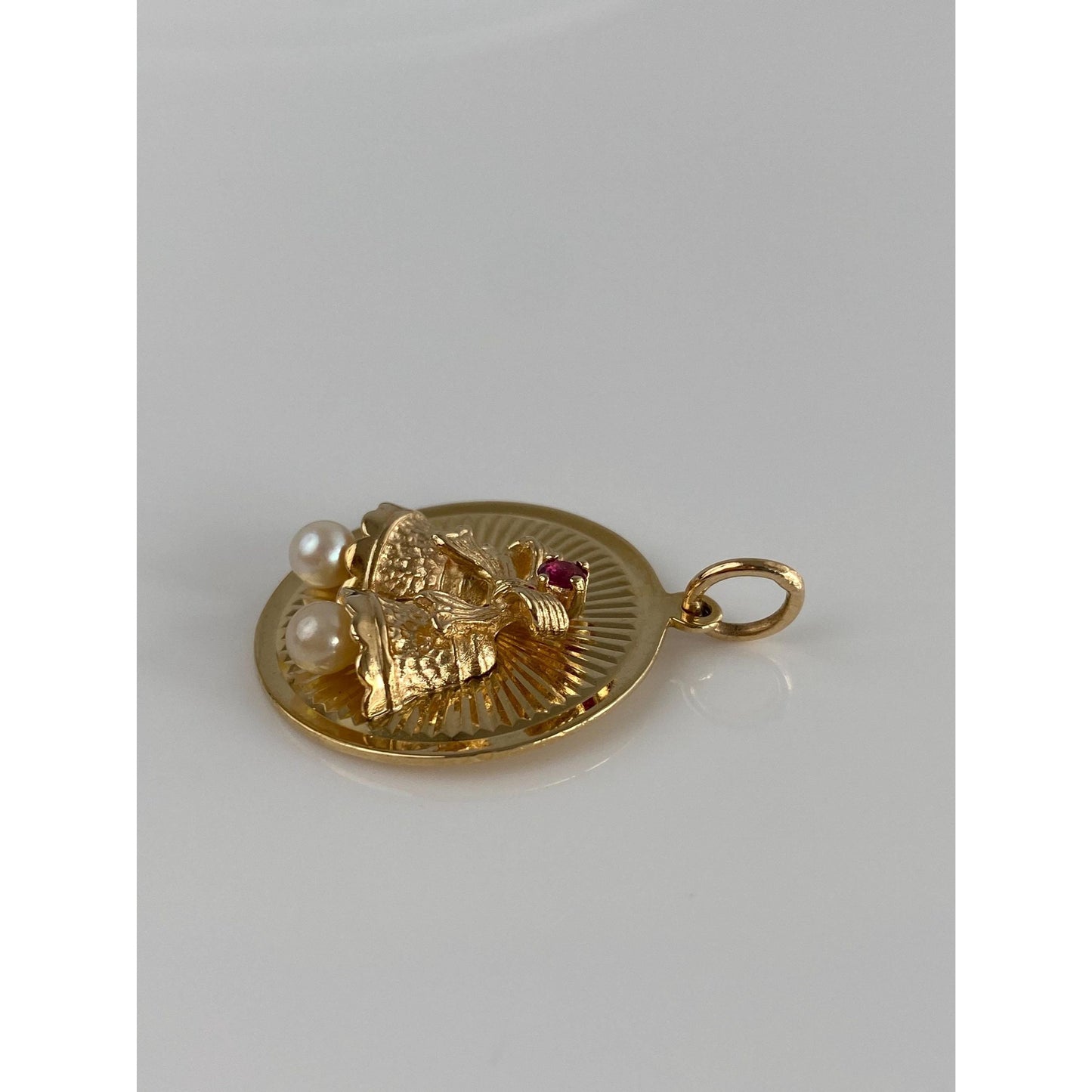 Vintage Solid 14k Yellow Gold Pink Sapphire Pearls Engine Turned Bells Charm