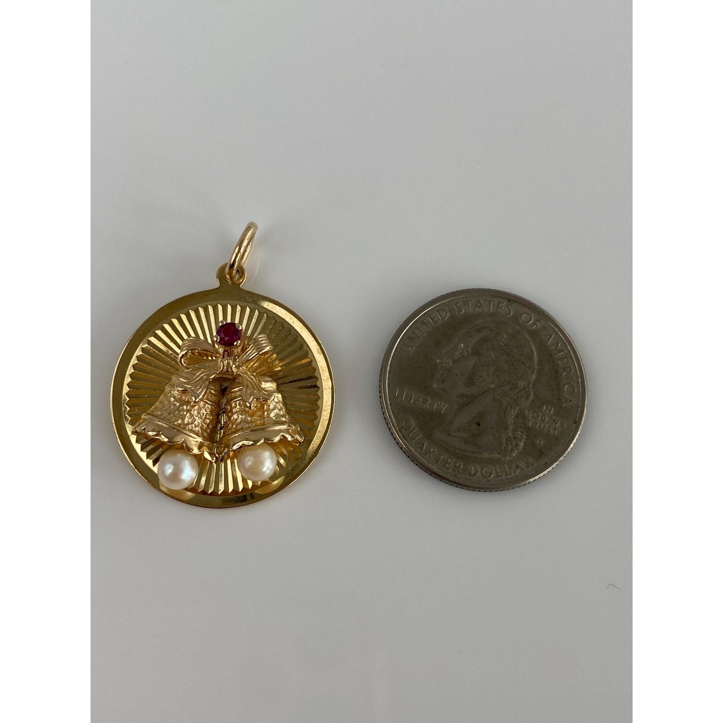 Vintage Solid 14k Yellow Gold Pink Sapphire Pearls Engine Turned Bells Charm