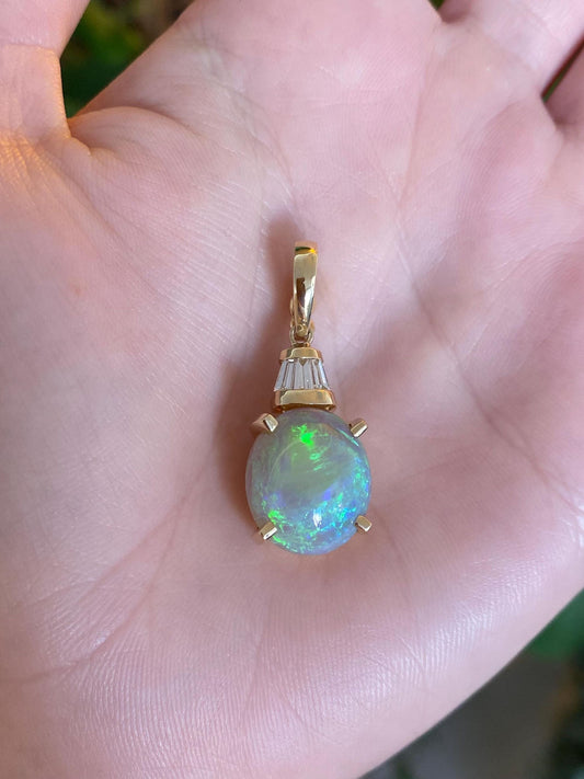 Vintage Solid 14k Yellow Gold Baguette Diamond Opal Charm