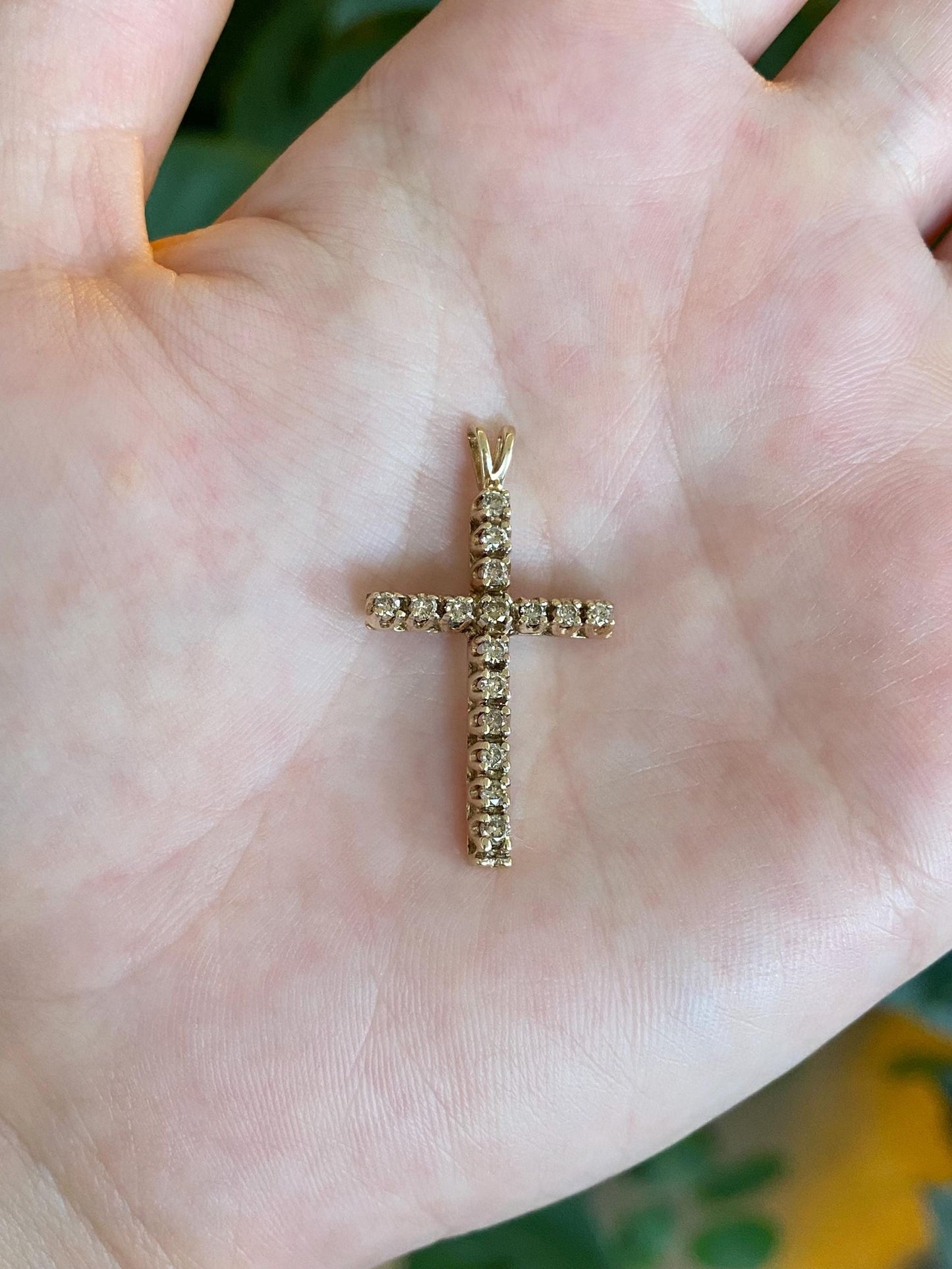 Vintage Solid 10k Yellow Gold Champagne Diamond Cross Charm