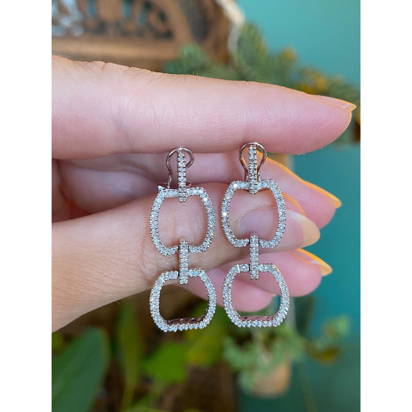 Vintage Solid 14k White Gold Diamond Dangle Stud Earrings