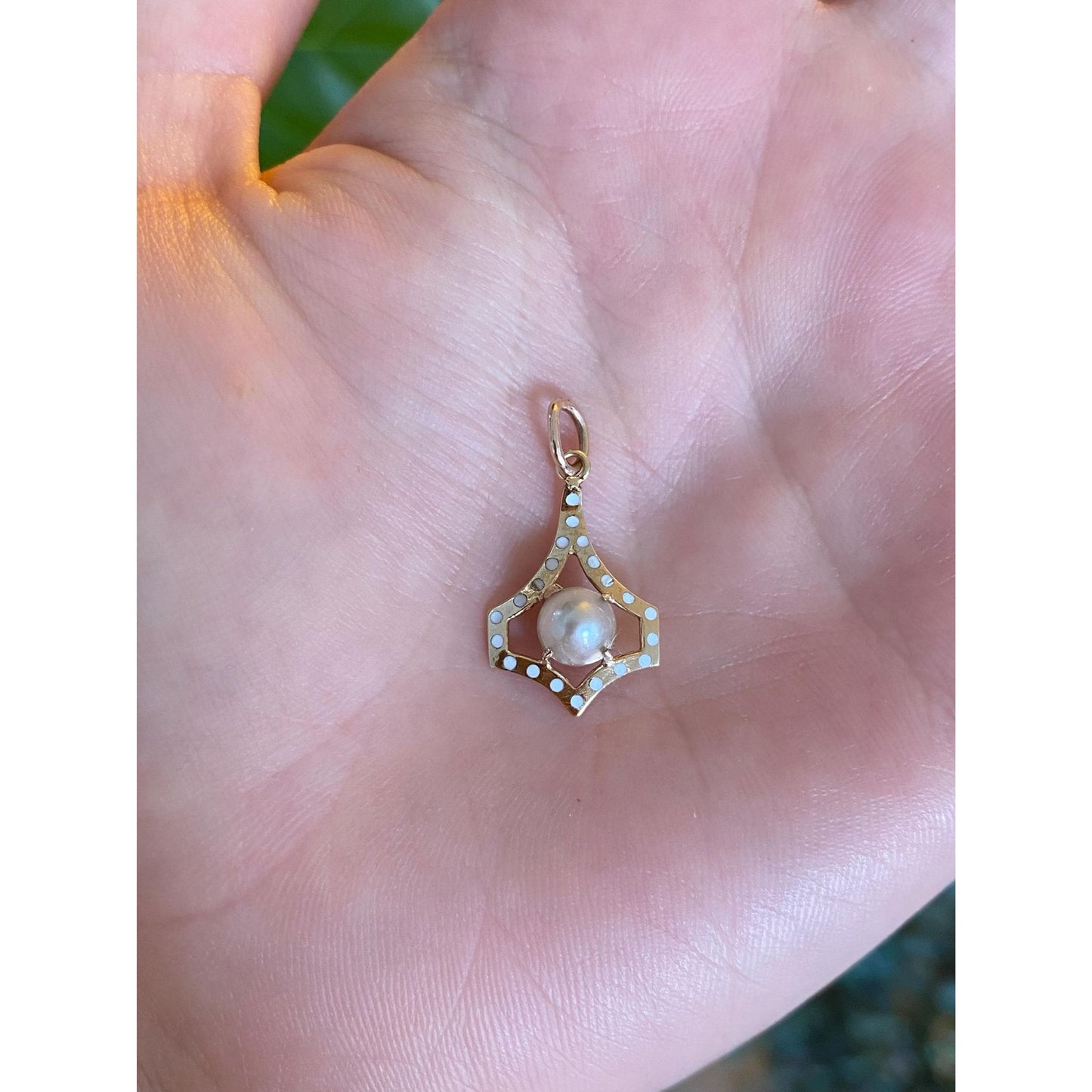 Vintage Solid 10k Yellow Gold White Enamel Pearl Charm