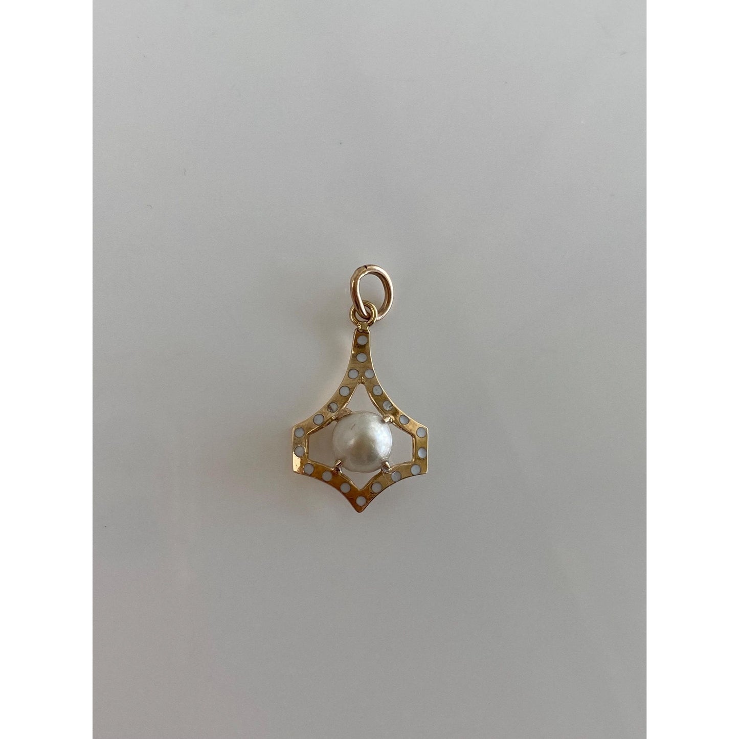 Vintage Solid 10k Yellow Gold White Enamel Pearl Charm