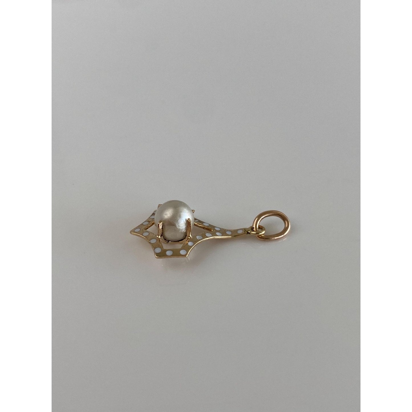Vintage Solid 10k Yellow Gold White Enamel Pearl Charm