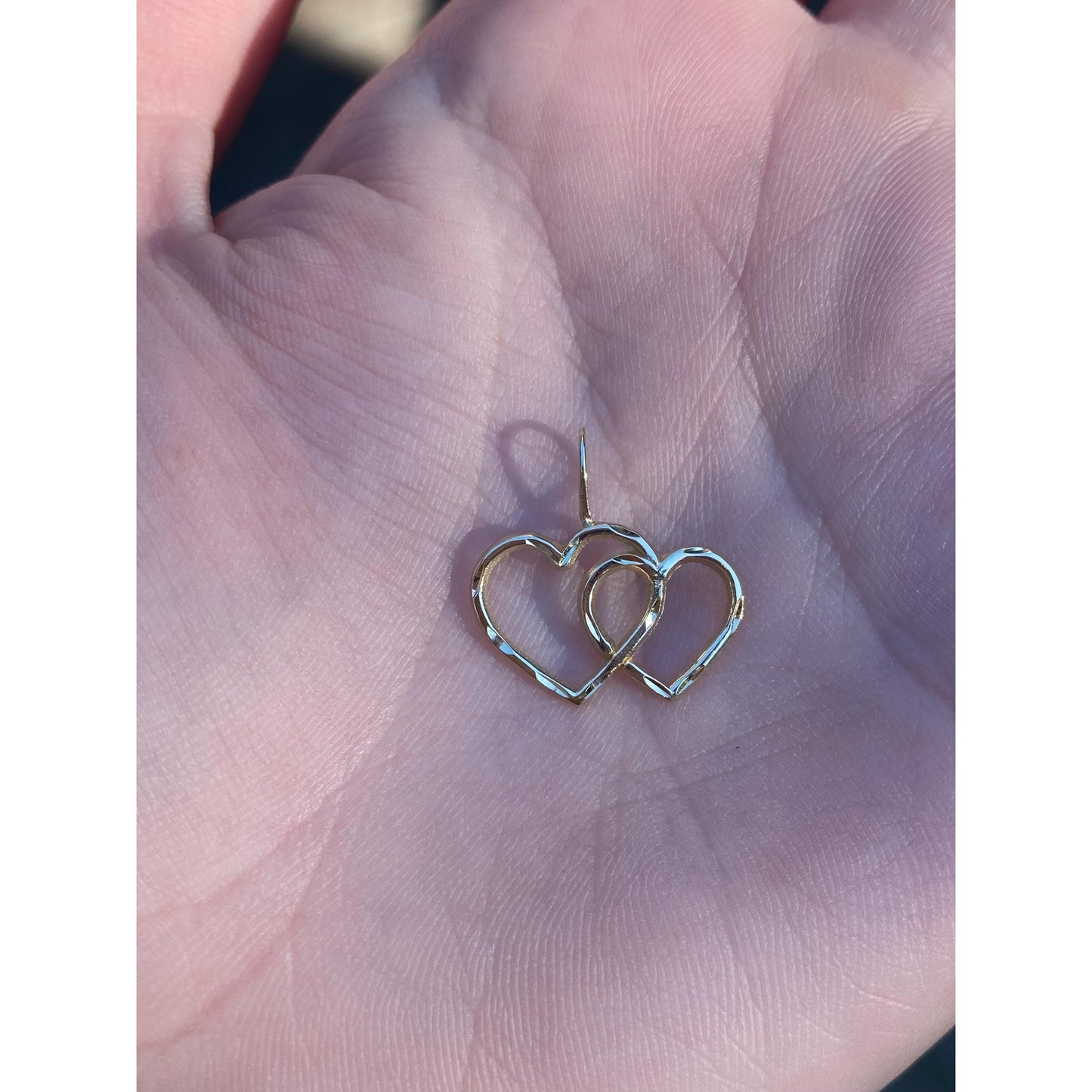 Solid 14k Yellow Gold Diamond Cut Double Open Heart Charm