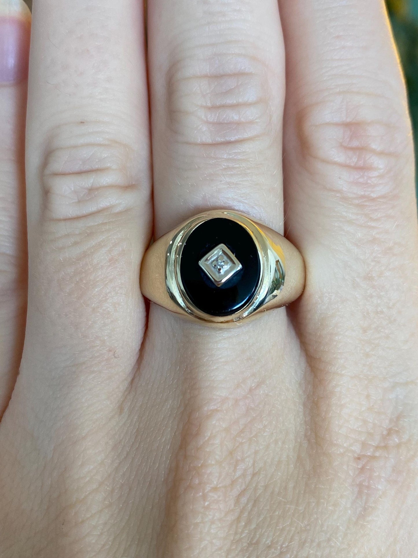 Vintage Solid 10k White & Yellow Gold Diamond Black Tourmaline Signet Ring - Size 9.75