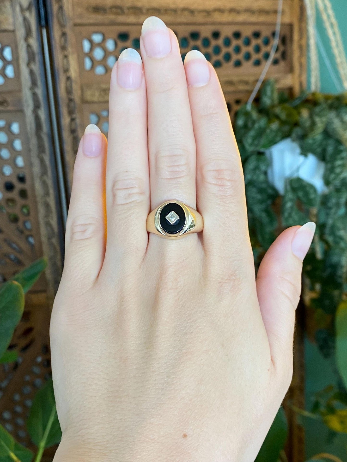 Vintage Solid 10k White & Yellow Gold Diamond Black Tourmaline Signet Ring - Size 9.75