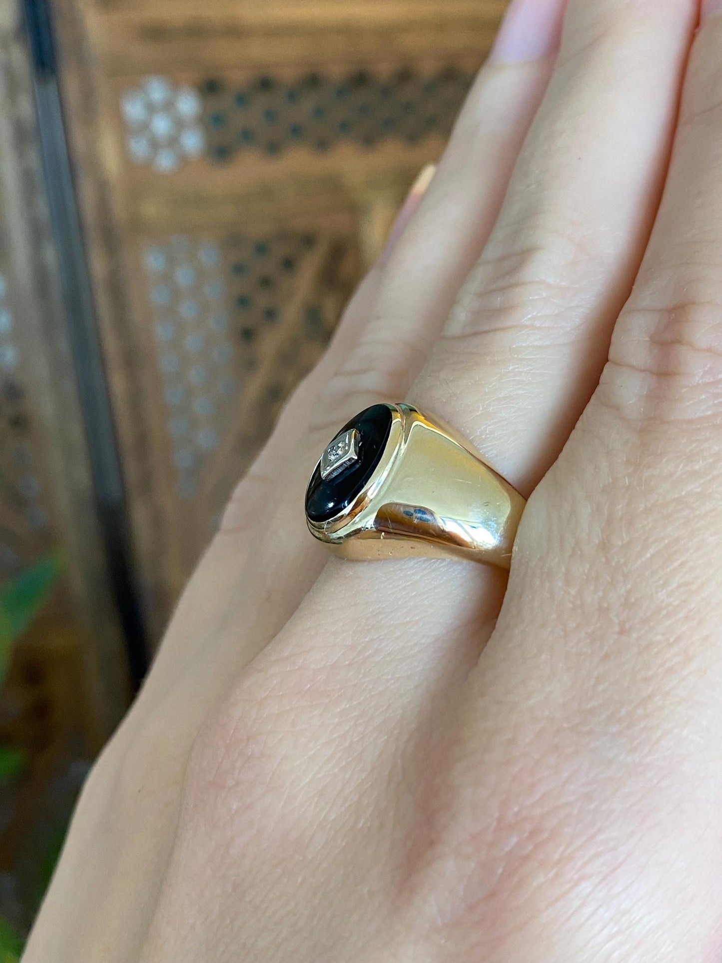 Vintage Solid 10k White & Yellow Gold Diamond Black Tourmaline Signet Ring - Size 9.75