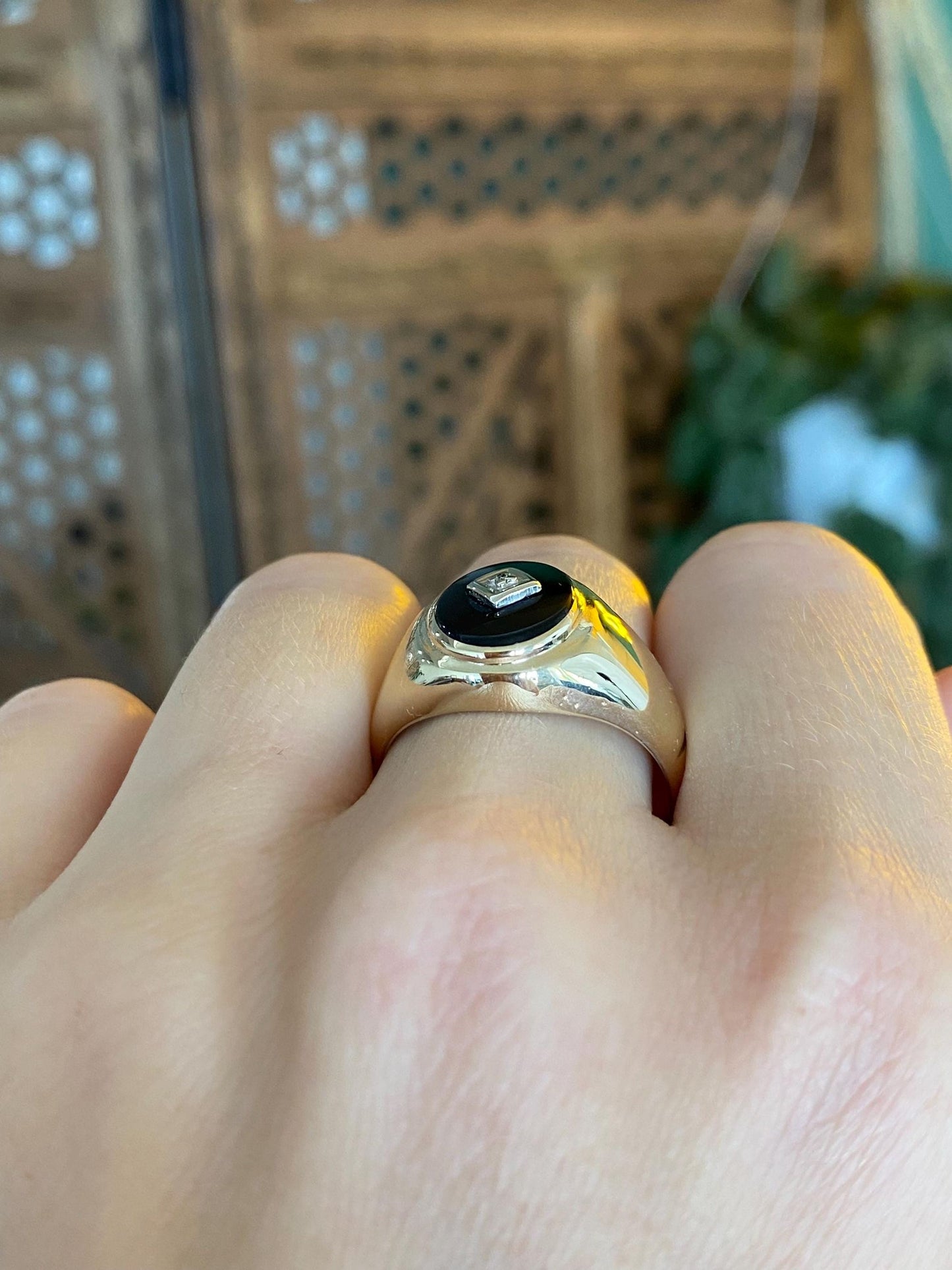 Vintage Solid 10k White & Yellow Gold Diamond Black Tourmaline Signet Ring - Size 9.75