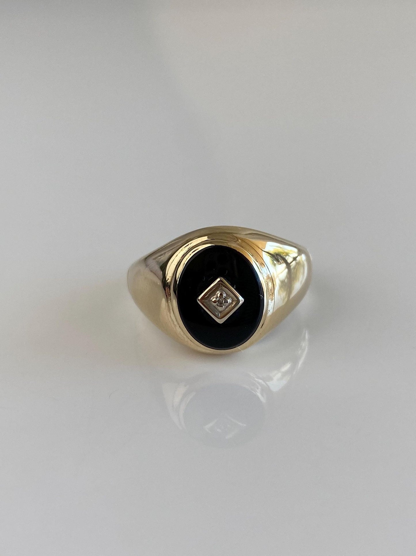 Vintage Solid 10k White & Yellow Gold Diamond Black Tourmaline Signet Ring - Size 9.75