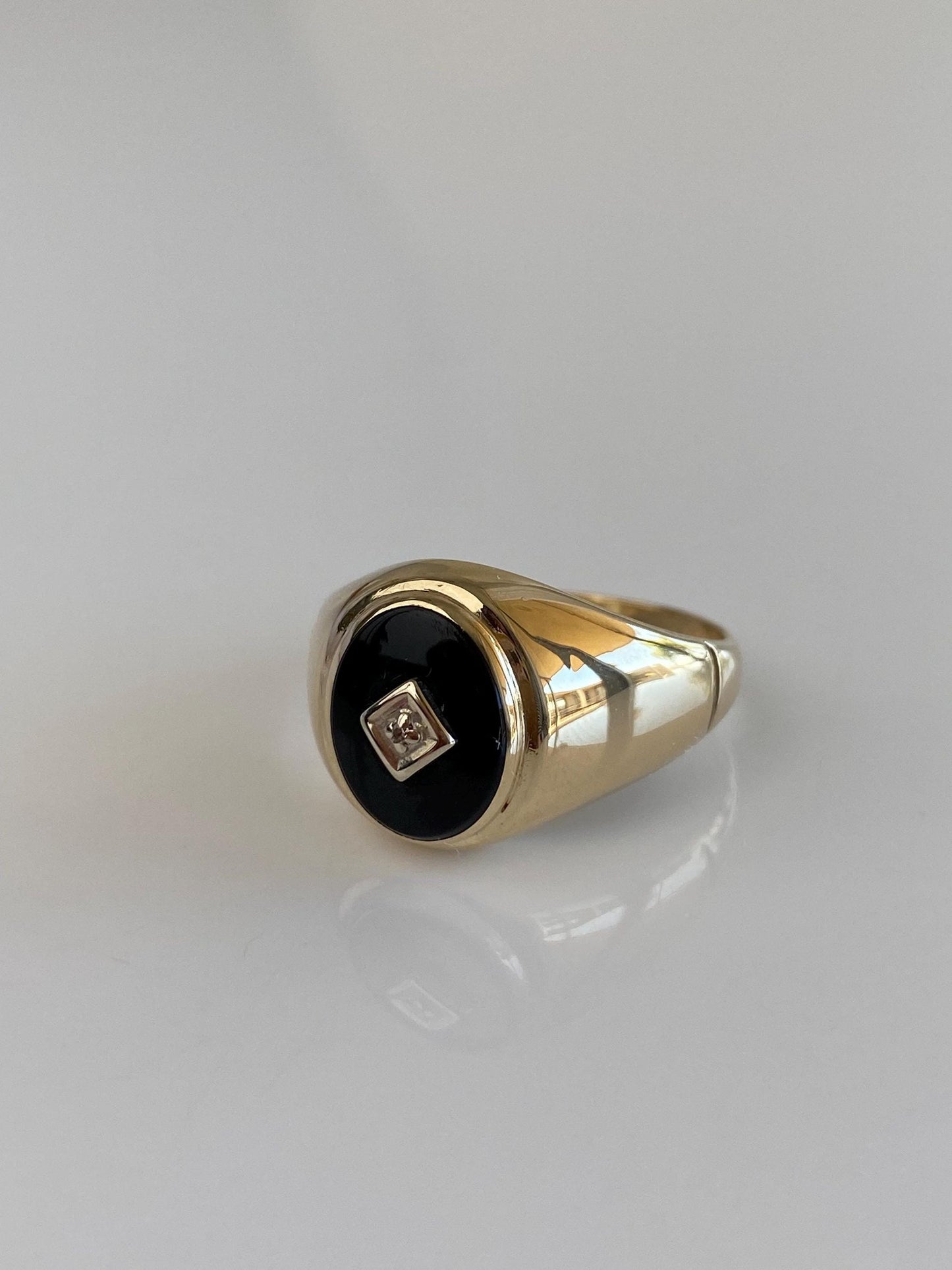 Vintage Solid 10k White & Yellow Gold Diamond Black Tourmaline Signet Ring - Size 9.75