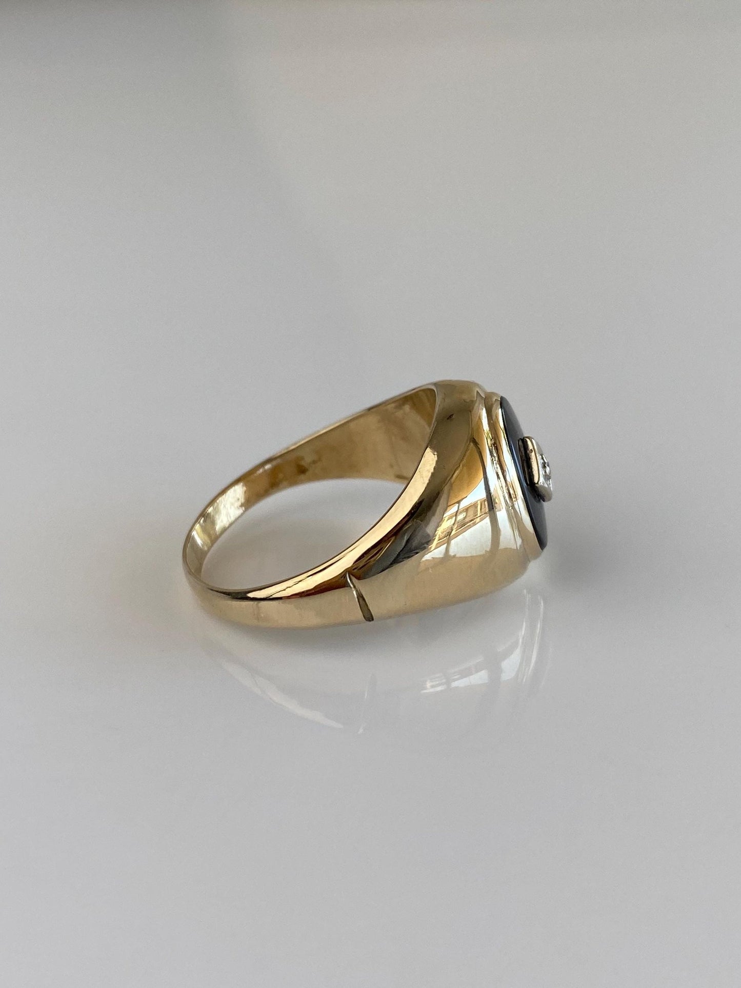 Vintage Solid 10k White & Yellow Gold Diamond Black Tourmaline Signet Ring - Size 9.75