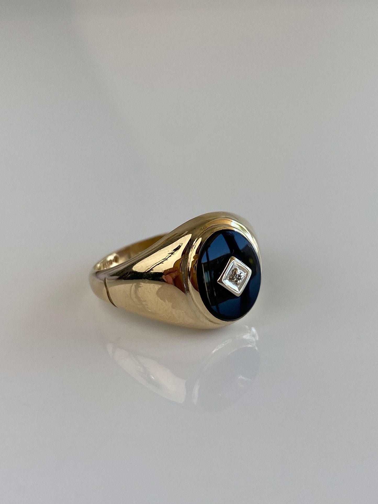 Vintage Solid 10k White & Yellow Gold Diamond Black Tourmaline Signet Ring - Size 9.75