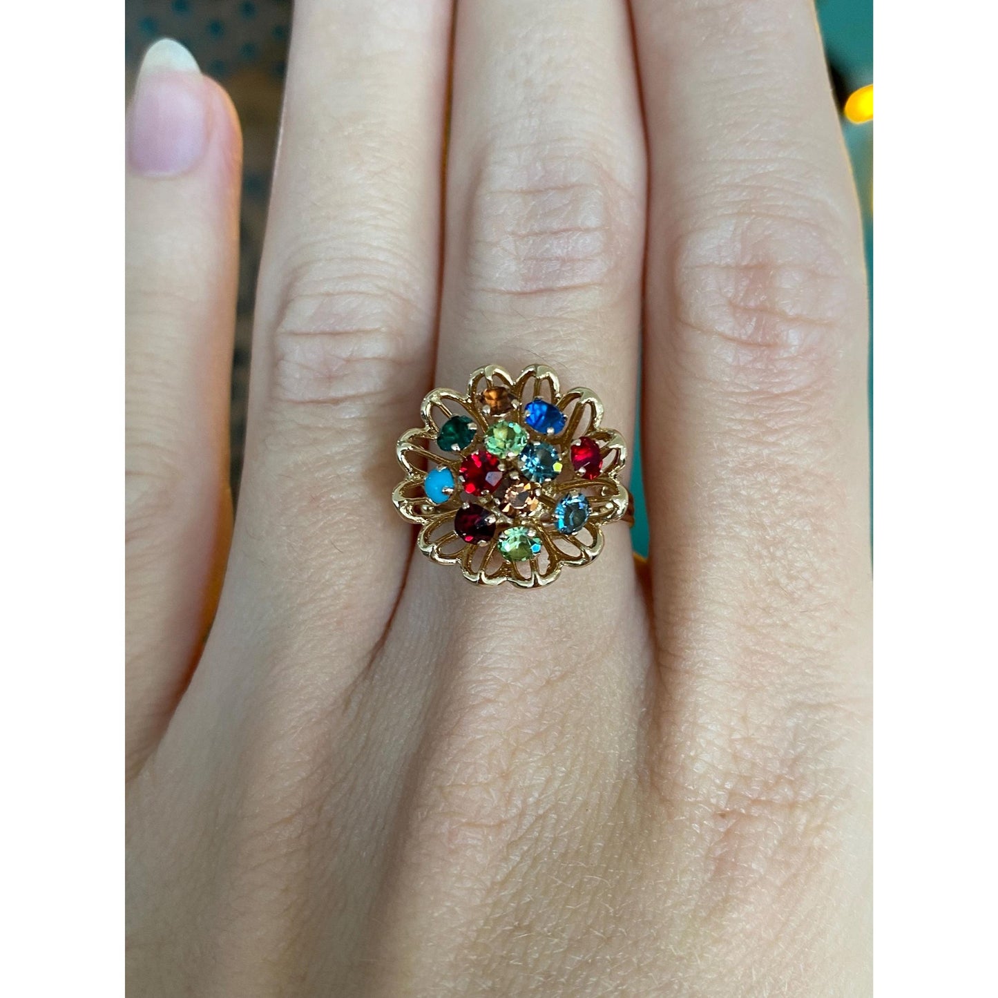 Solid 14k Yellow Gold Colored Cubic Zirconia & Turquoise Flower Ring - Size 6.5
