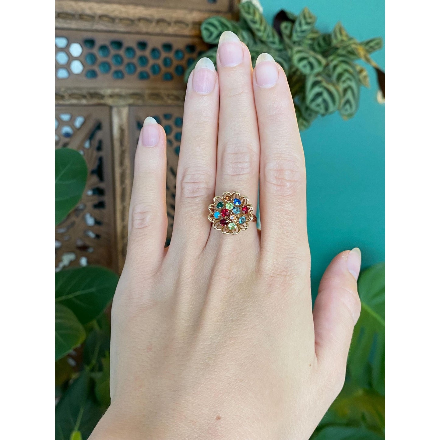 Solid 14k Yellow Gold Colored Cubic Zirconia & Turquoise Flower Ring - Size 6.5