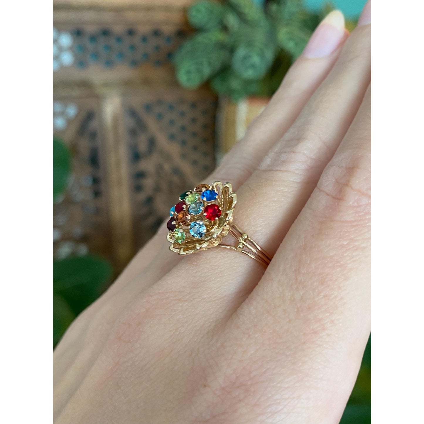 Solid 14k Yellow Gold Colored Cubic Zirconia & Turquoise Flower Ring - Size 6.5