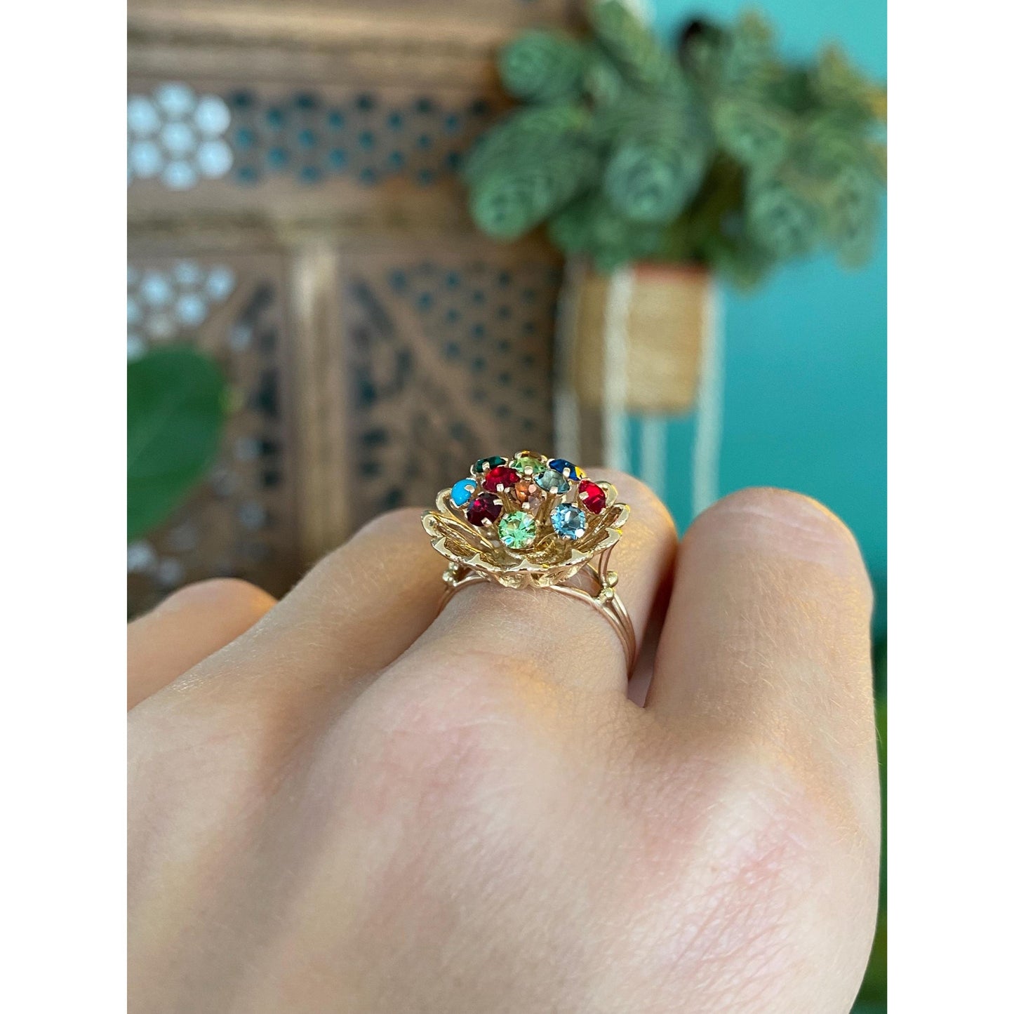 Solid 14k Yellow Gold Colored Cubic Zirconia & Turquoise Flower Ring - Size 6.5