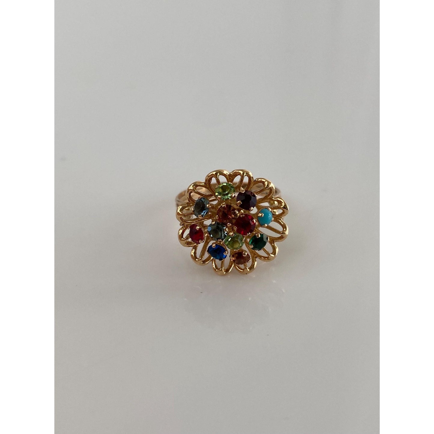 Solid 14k Yellow Gold Colored Cubic Zirconia & Turquoise Flower Ring - Size 6.5