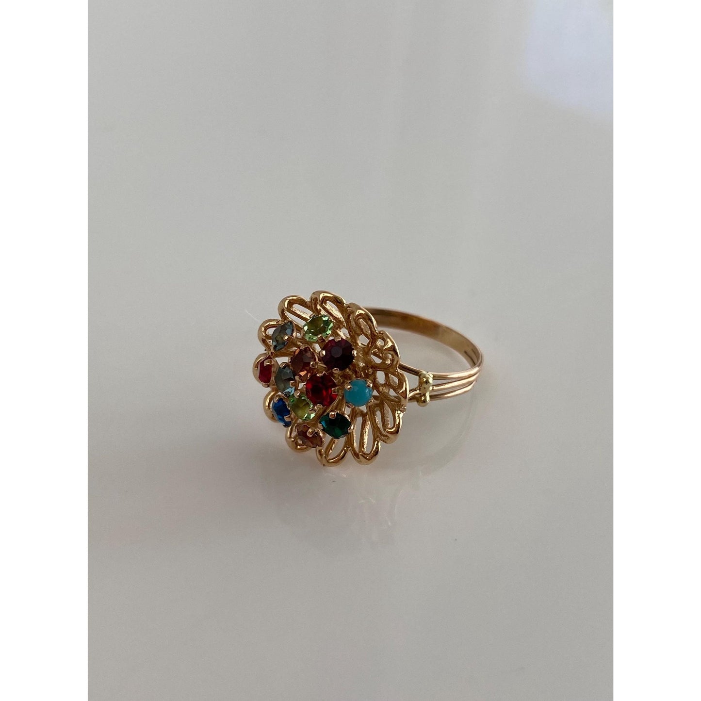 Solid 14k Yellow Gold Colored Cubic Zirconia & Turquoise Flower Ring - Size 6.5