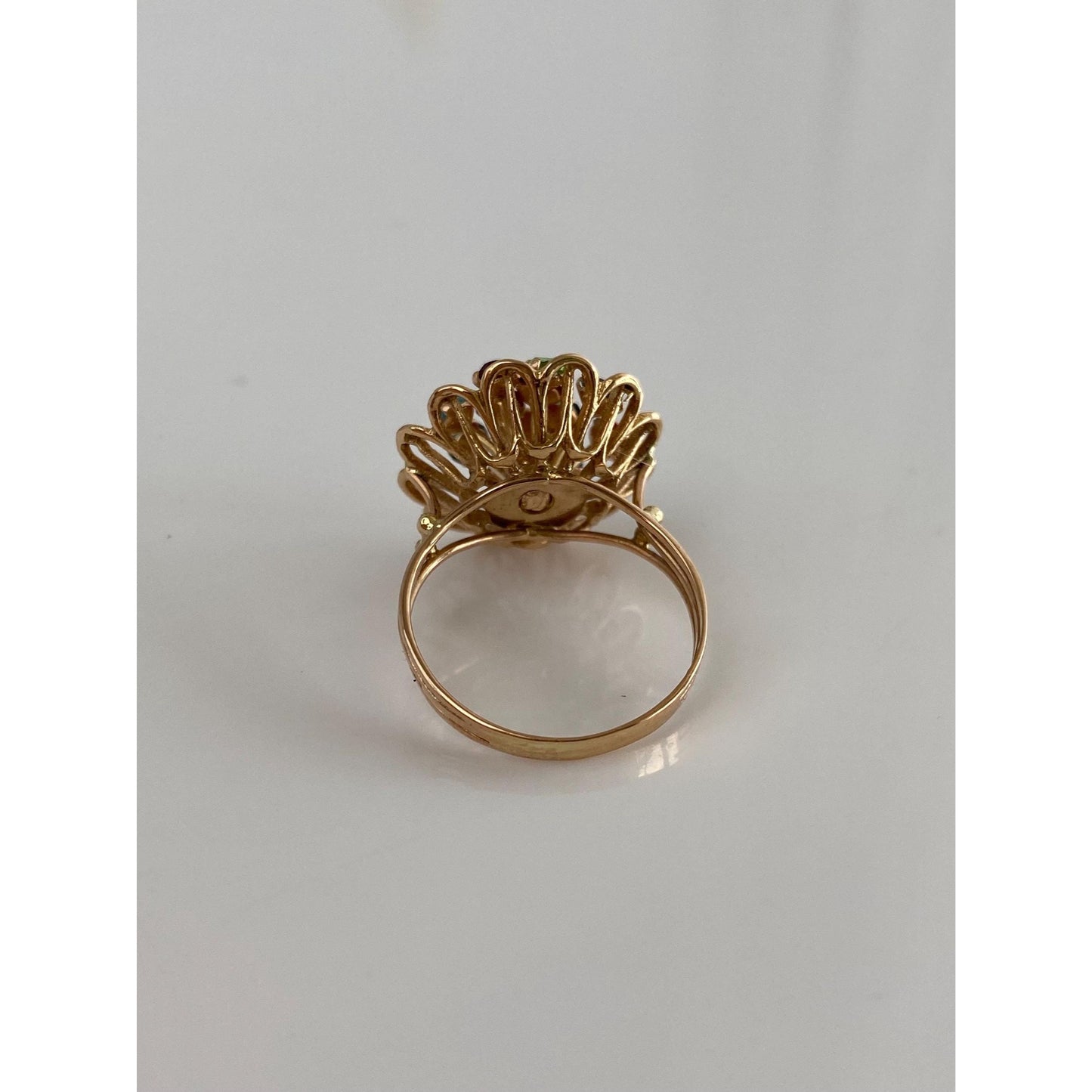 Solid 14k Yellow Gold Colored Cubic Zirconia & Turquoise Flower Ring - Size 6.5