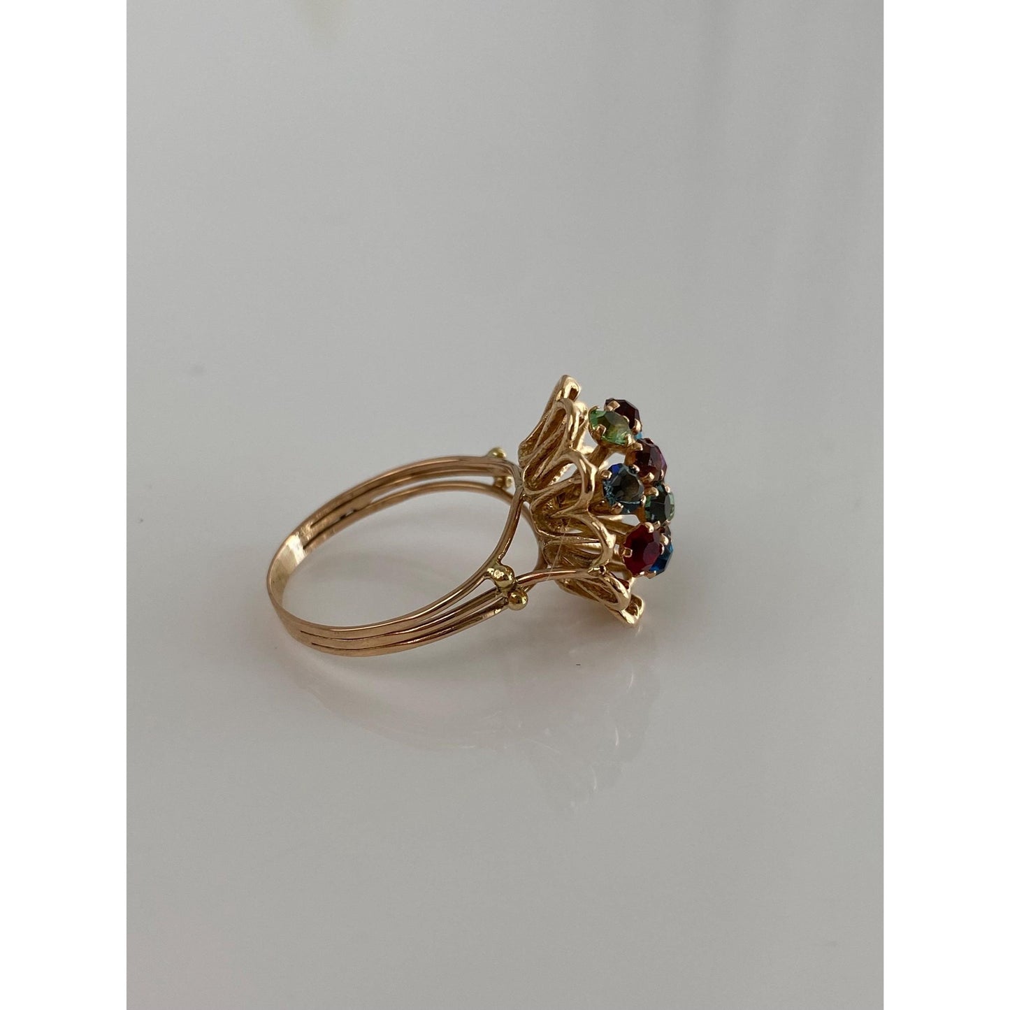 Solid 14k Yellow Gold Colored Cubic Zirconia & Turquoise Flower Ring - Size 6.5