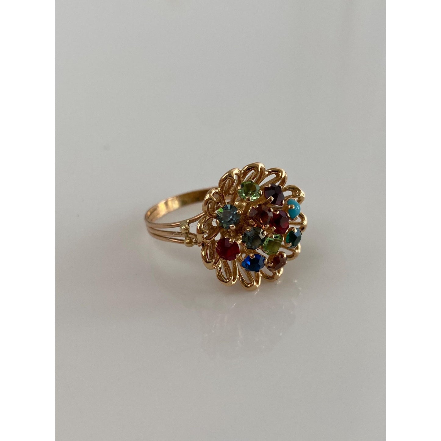 Solid 14k Yellow Gold Colored Cubic Zirconia & Turquoise Flower Ring - Size 6.5