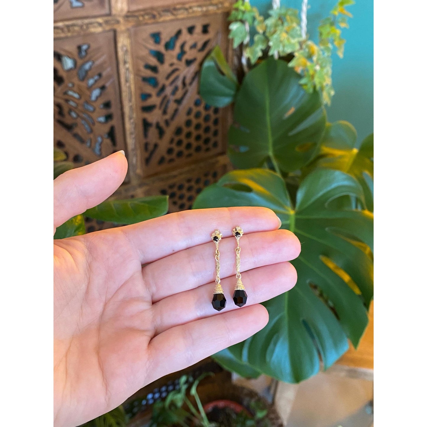 Solid 14k Black Onyx Dangle Stud Earrings