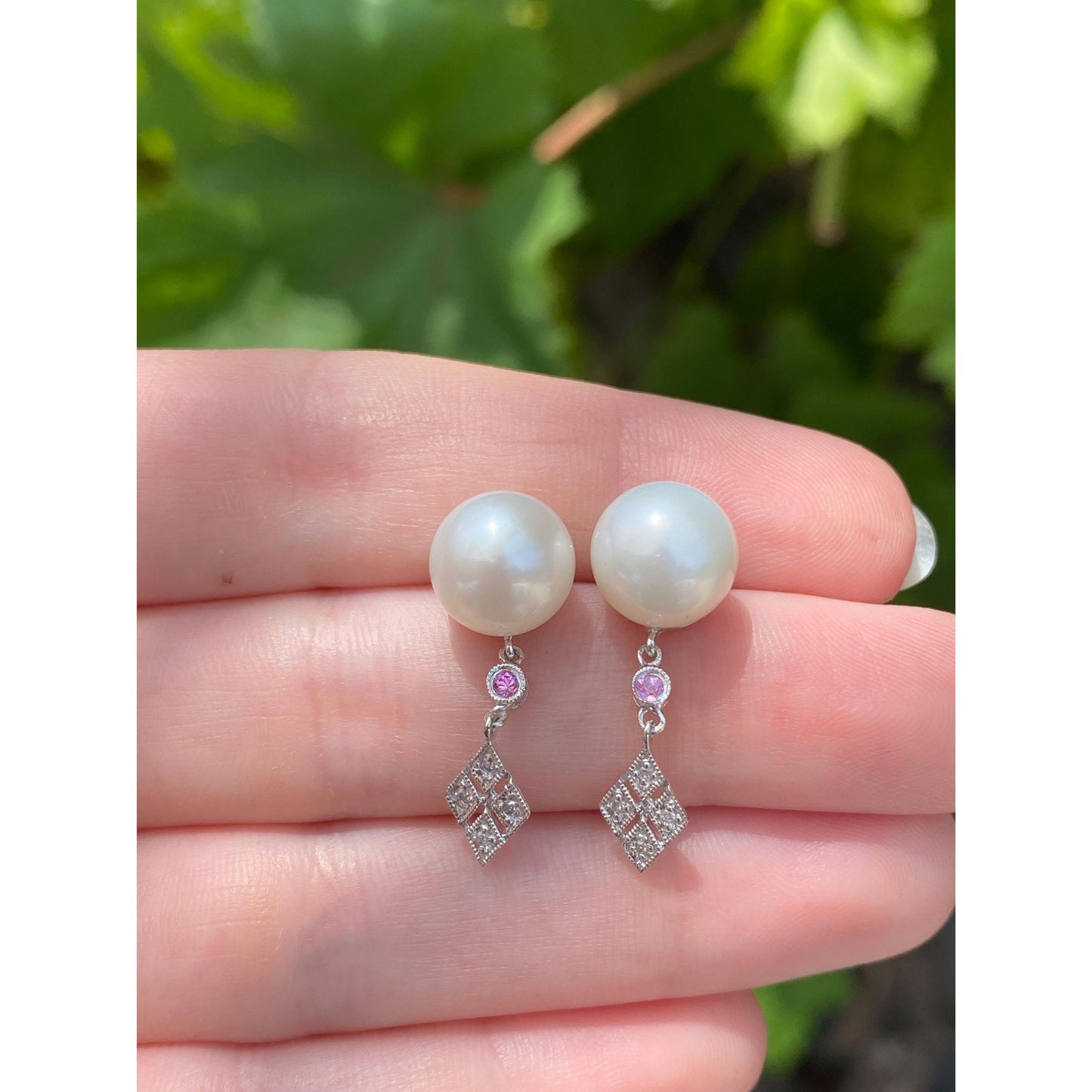 Vintage Solid 14k White Gold Clear & Pink Sapphire Pearl Dangle Stud Earrings