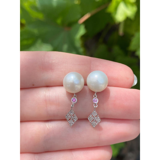 Vintage Solid 14k White Gold Clear & Pink Sapphire Pearl Dangle Stud Earrings