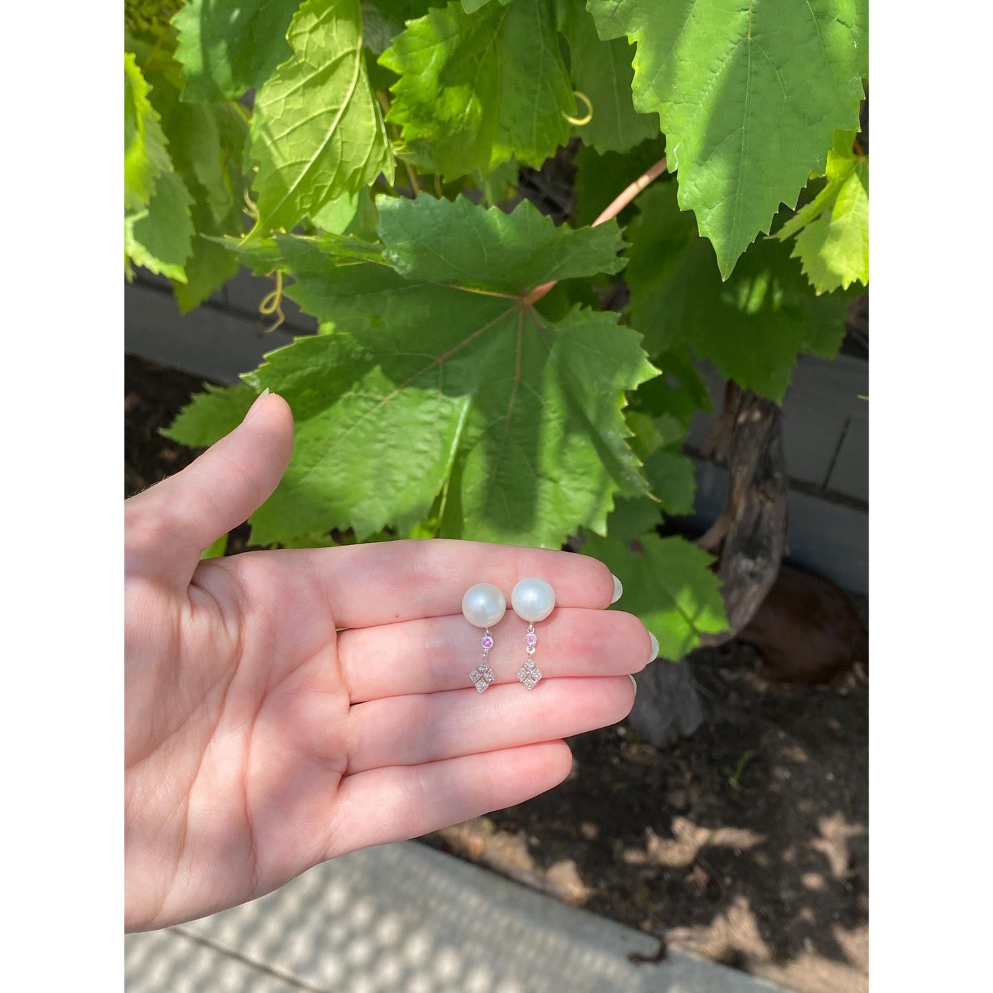 Vintage Solid 14k White Gold Clear & Pink Sapphire Pearl Dangle Stud Earrings