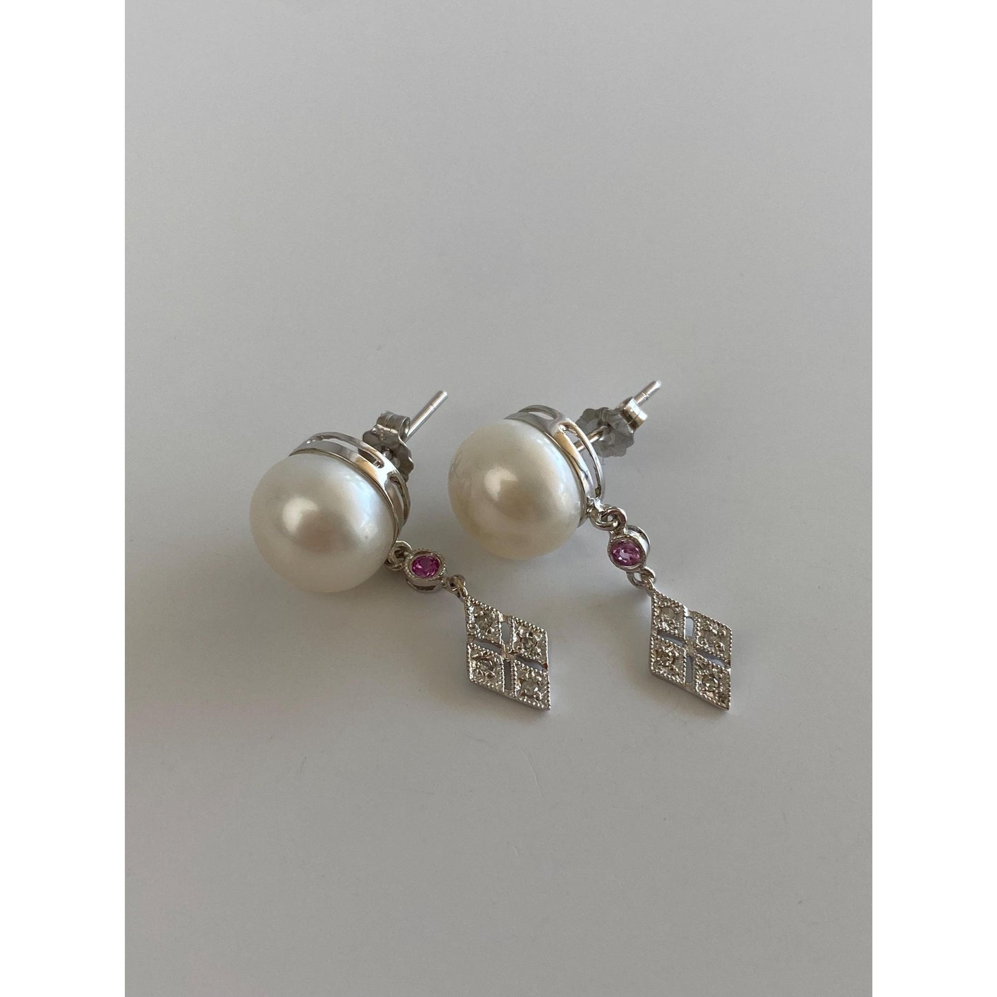 Vintage Solid 14k White Gold Clear & Pink Sapphire Pearl Dangle Stud Earrings