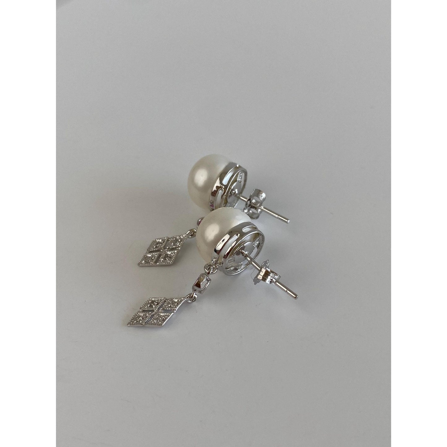 Vintage Solid 14k White Gold Clear & Pink Sapphire Pearl Dangle Stud Earrings