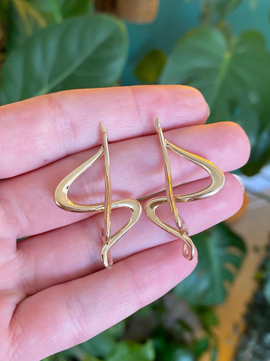 Vintage Solid 14k Yellow Gold Wavy Spiral Loopy Drop Earrings