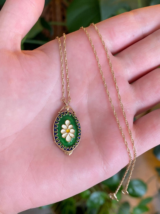 Vintage Solid 14k Yellow Gold Enamel Cloisonne Floral Charm Chain Necklace - 21 inches
