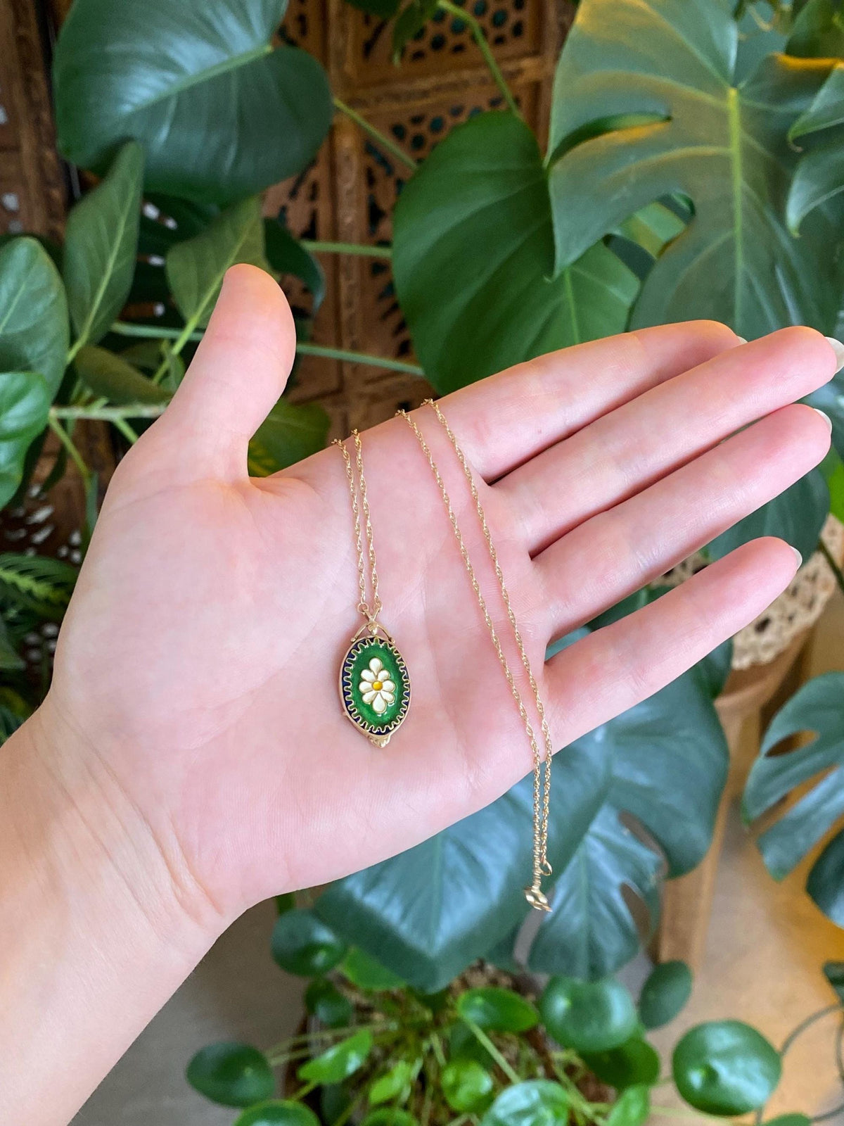 Vintage Solid 14k Yellow Gold Enamel Cloisonne Floral Charm Chain Necklace - 21 inches