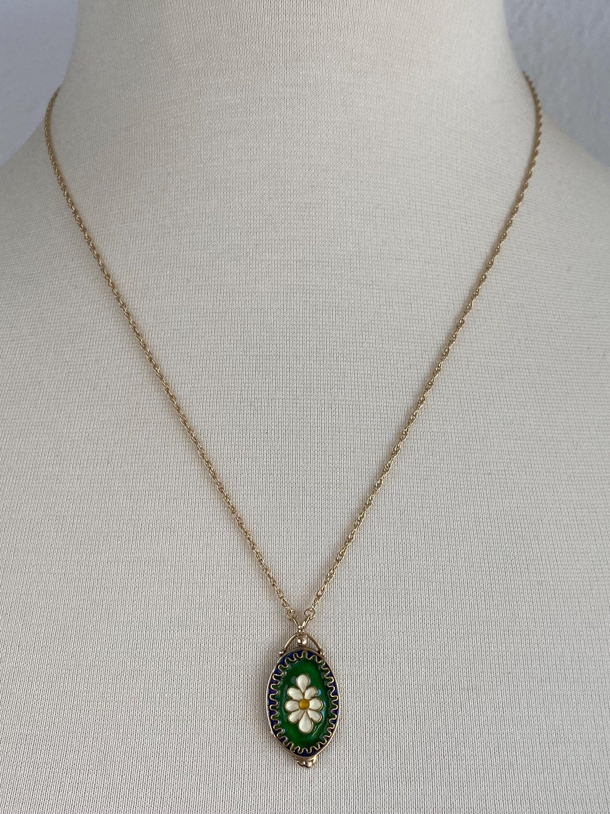 Vintage Solid 14k Yellow Gold Enamel Cloisonne Floral Charm Chain Necklace - 21 inches