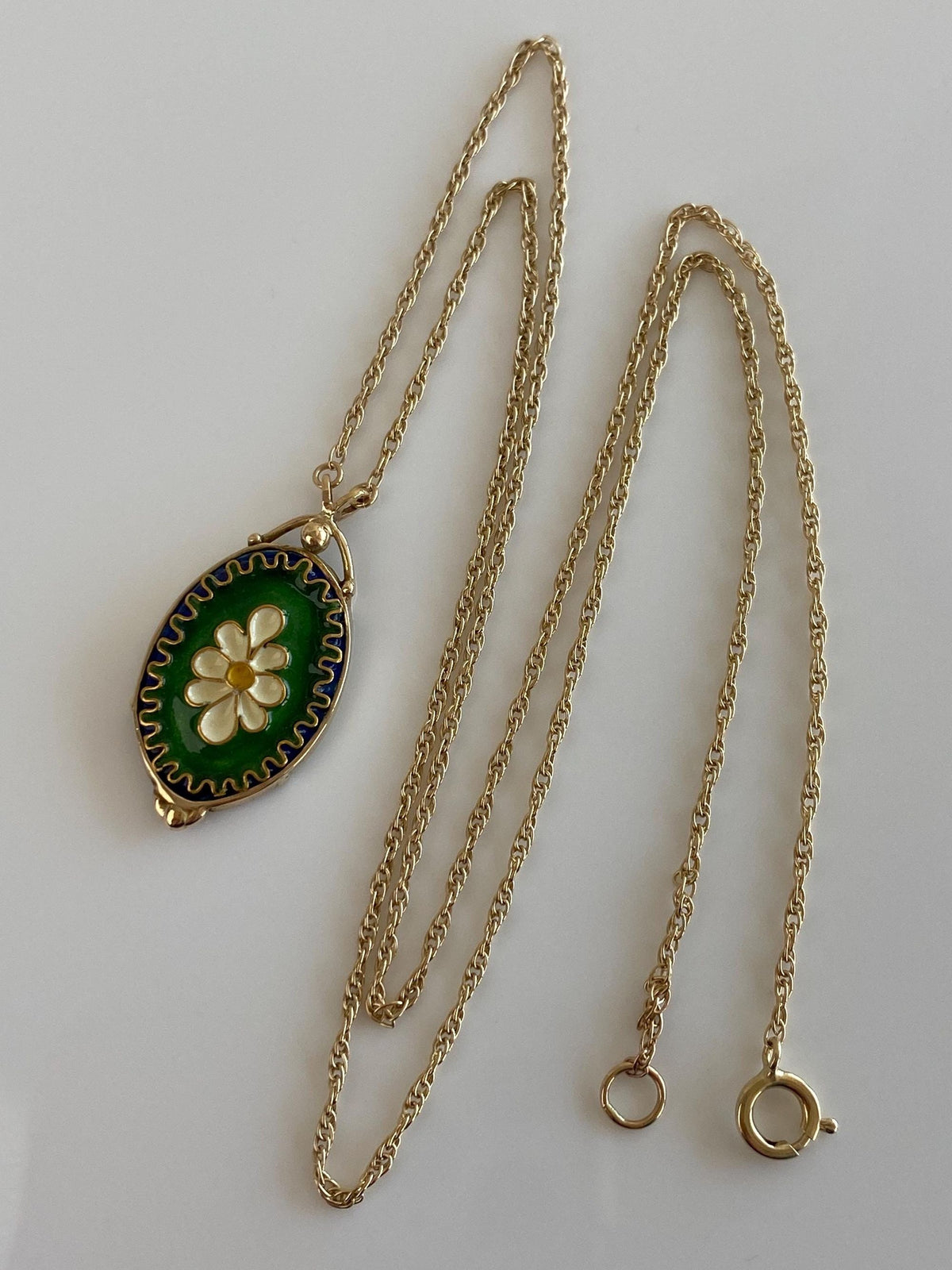 Vintage Solid 14k Yellow Gold Enamel Cloisonne Floral Charm Chain Necklace - 21 inches
