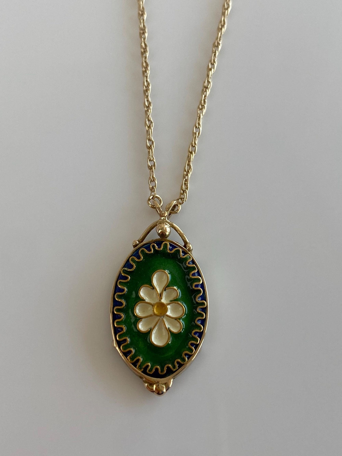 Vintage Solid 14k Yellow Gold Enamel Cloisonne Floral Charm Chain Necklace - 21 inches