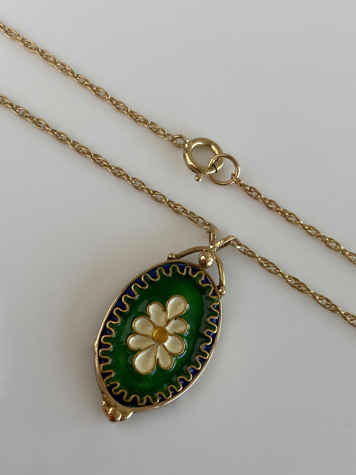 Vintage Solid 14k Yellow Gold Enamel Cloisonne Floral Charm Chain Necklace - 21 inches