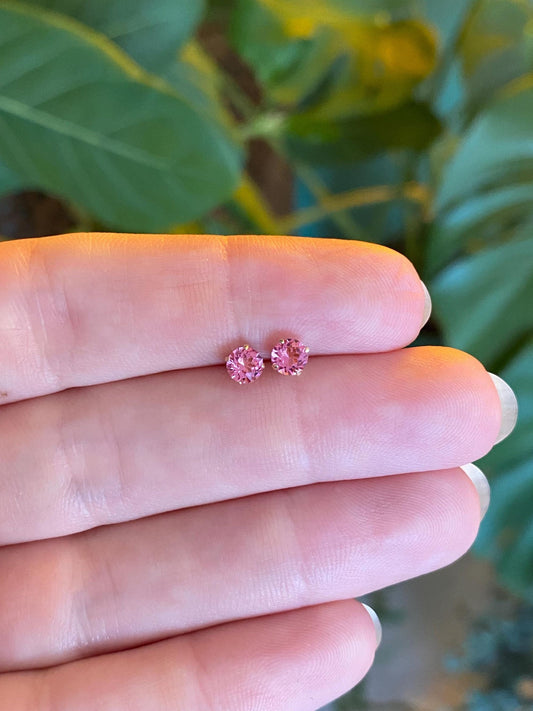 Vintage Solid 14k Yellow Gold Pink Cubic Zirconia Stud Earrings