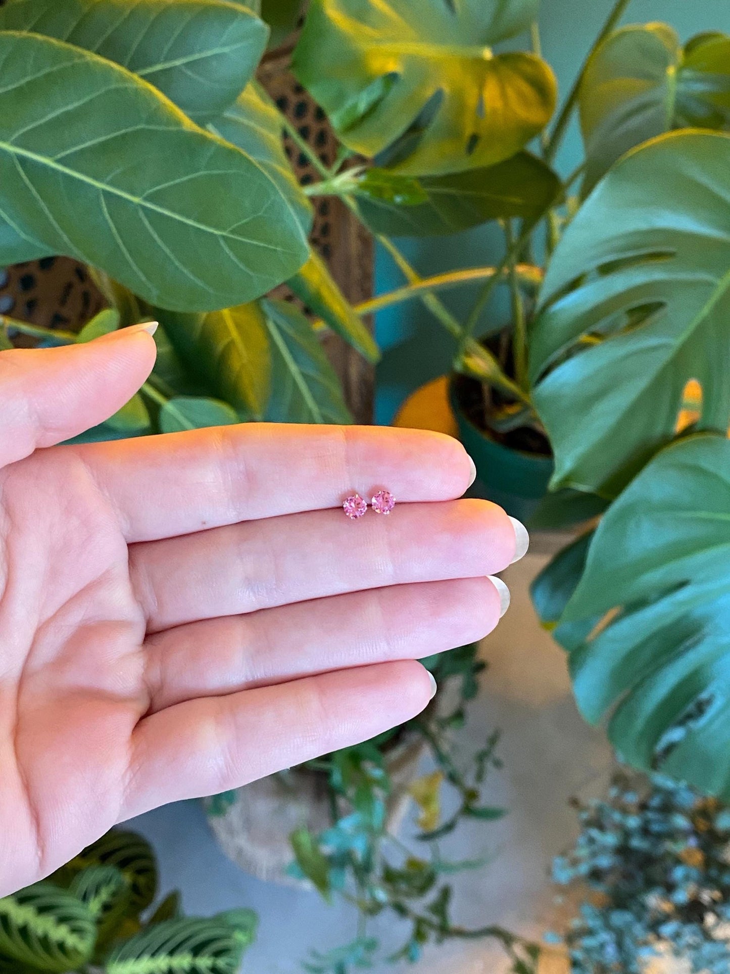 Vintage Solid 14k Yellow Gold Pink Cubic Zirconia Stud Earrings