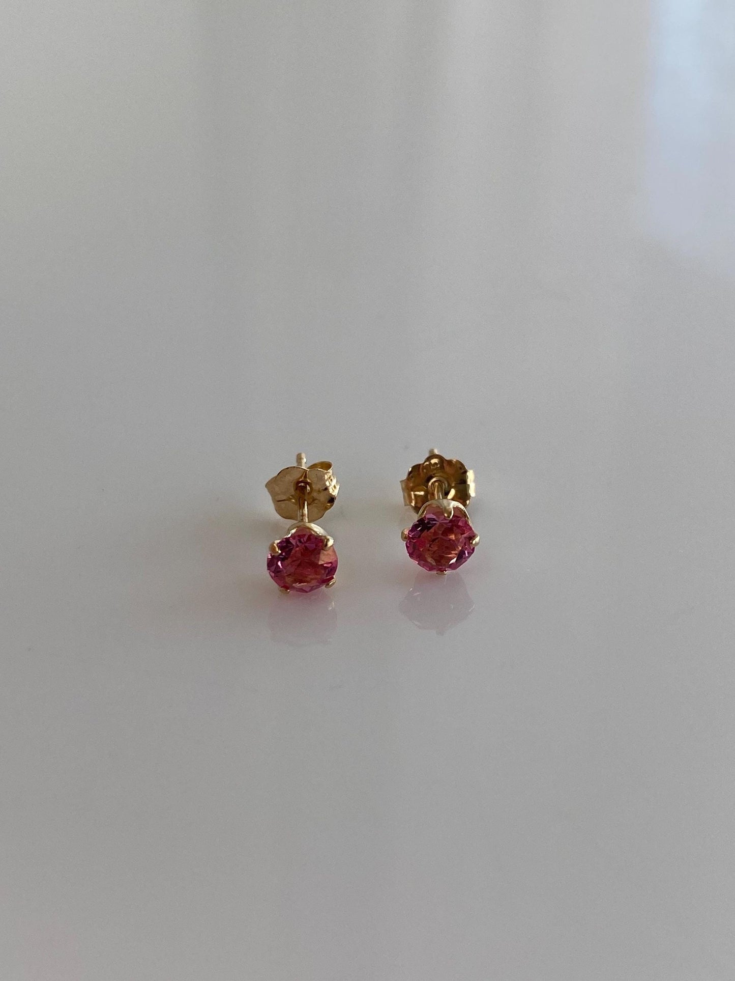 Vintage Solid 14k Yellow Gold Pink Cubic Zirconia Stud Earrings
