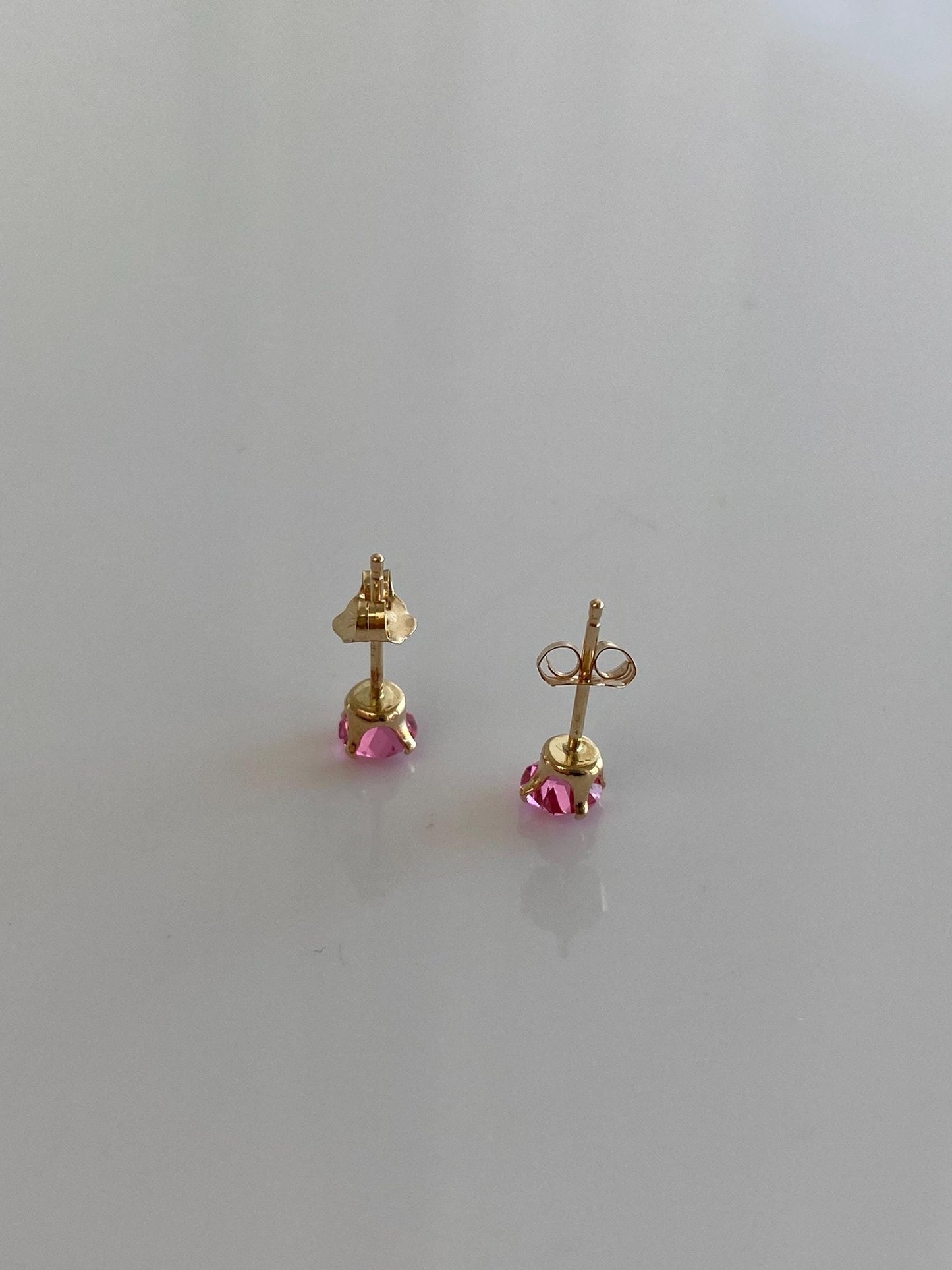 Vintage Solid 14k Yellow Gold Pink Cubic Zirconia Stud Earrings