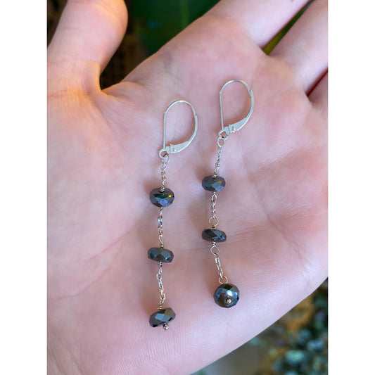 Vintage Solid 14k White Gold Hematite Dangle Earrings