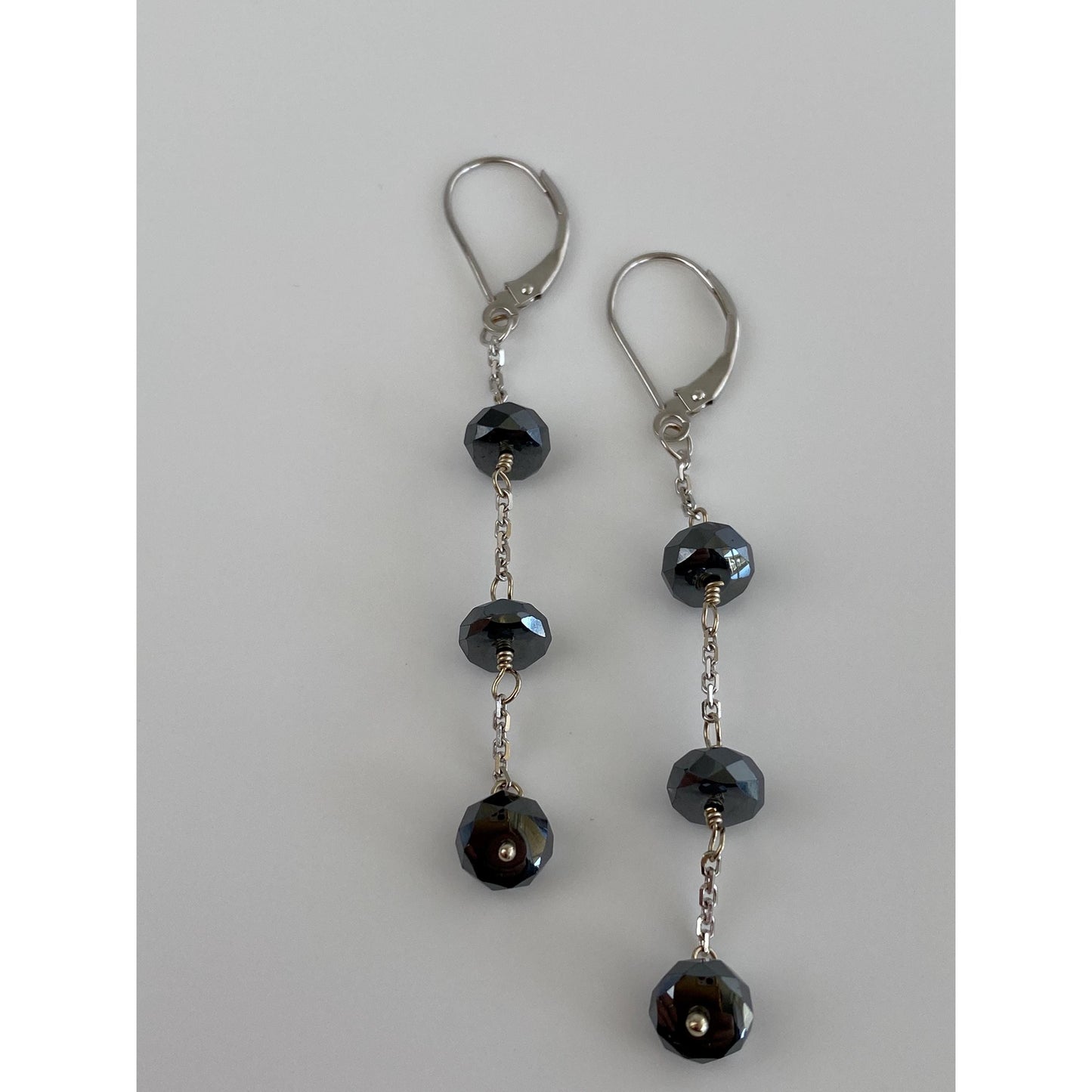 Vintage Solid 14k White Gold Hematite Dangle Earrings