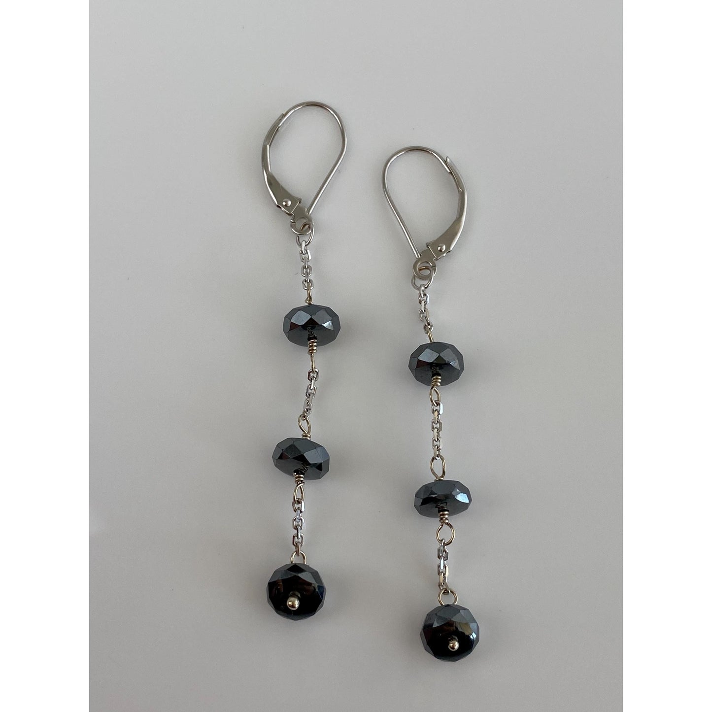 Vintage Solid 14k White Gold Hematite Dangle Earrings