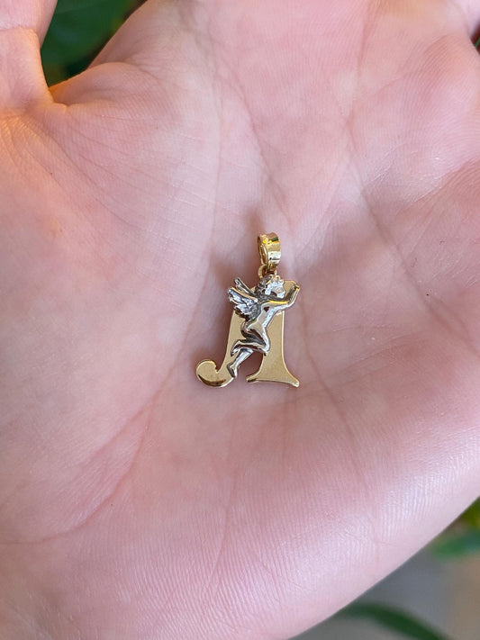 Vintage Solid 14k White & Yellow Gold Cherub Initial 'A' Charm